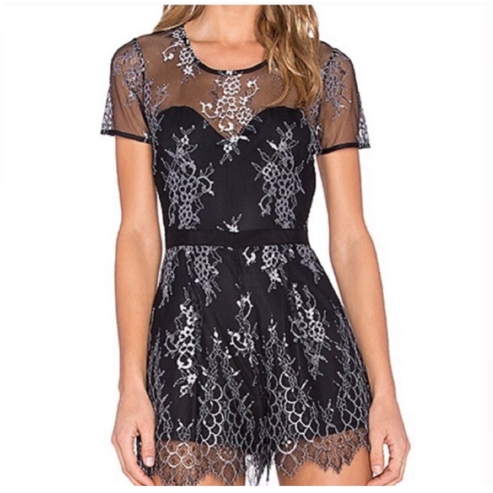 Lovers + Friends Elegant Black and Silver Lace romper